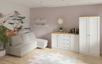 Pokój dziecięcy - narożnik Madryt (plusz beż) i kolekcja Toskania (biały/dąb soma ciemny)